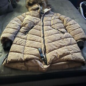 Tan Puffer Jacket with Fur Hood
